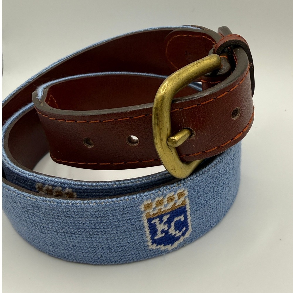 Smathers & Branson Needlepoint Belt Mens 40 Blue KC Royals MLB Leather Brass